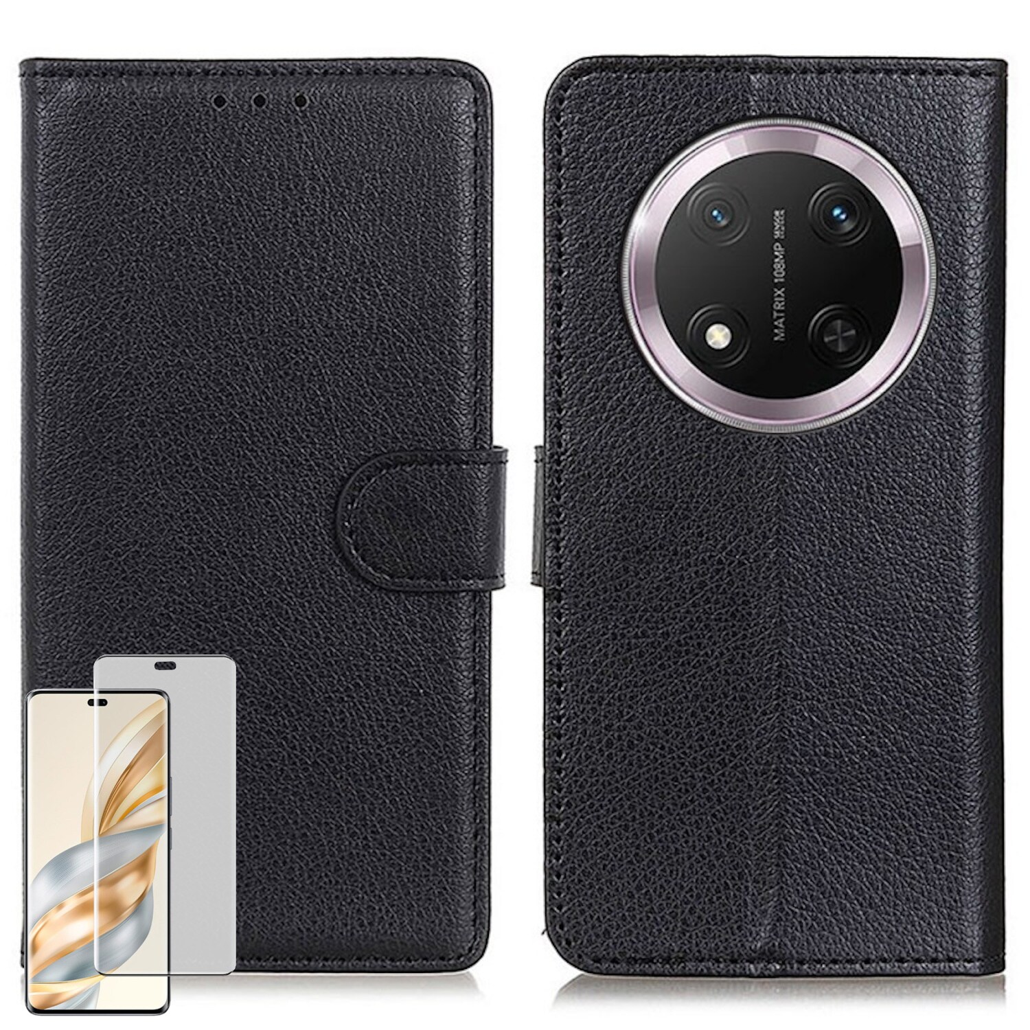 F&uuml;r Honor Magic 7 Lite / X9c Book Wallet Tasche + 4D Curved Hart Glas 