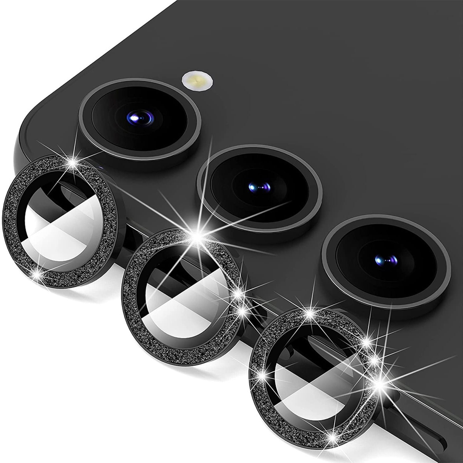 F&uuml;r Samsung Galaxy S25 Aluminium Glitzer Ring Kamera + H9 Glas Schwarz 