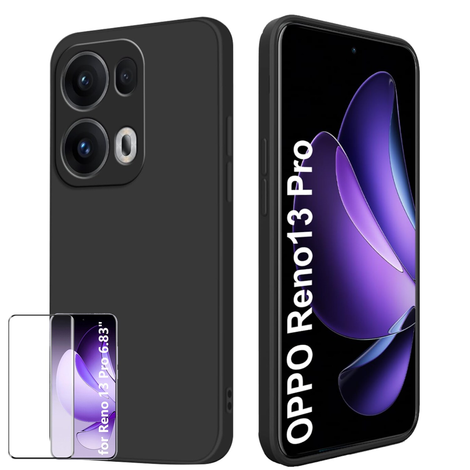 F&uuml;r Oppo Reno 13 Pro 5G TPU Silikon H&uuml;lle Schwarz + 4D Curved Glas 
