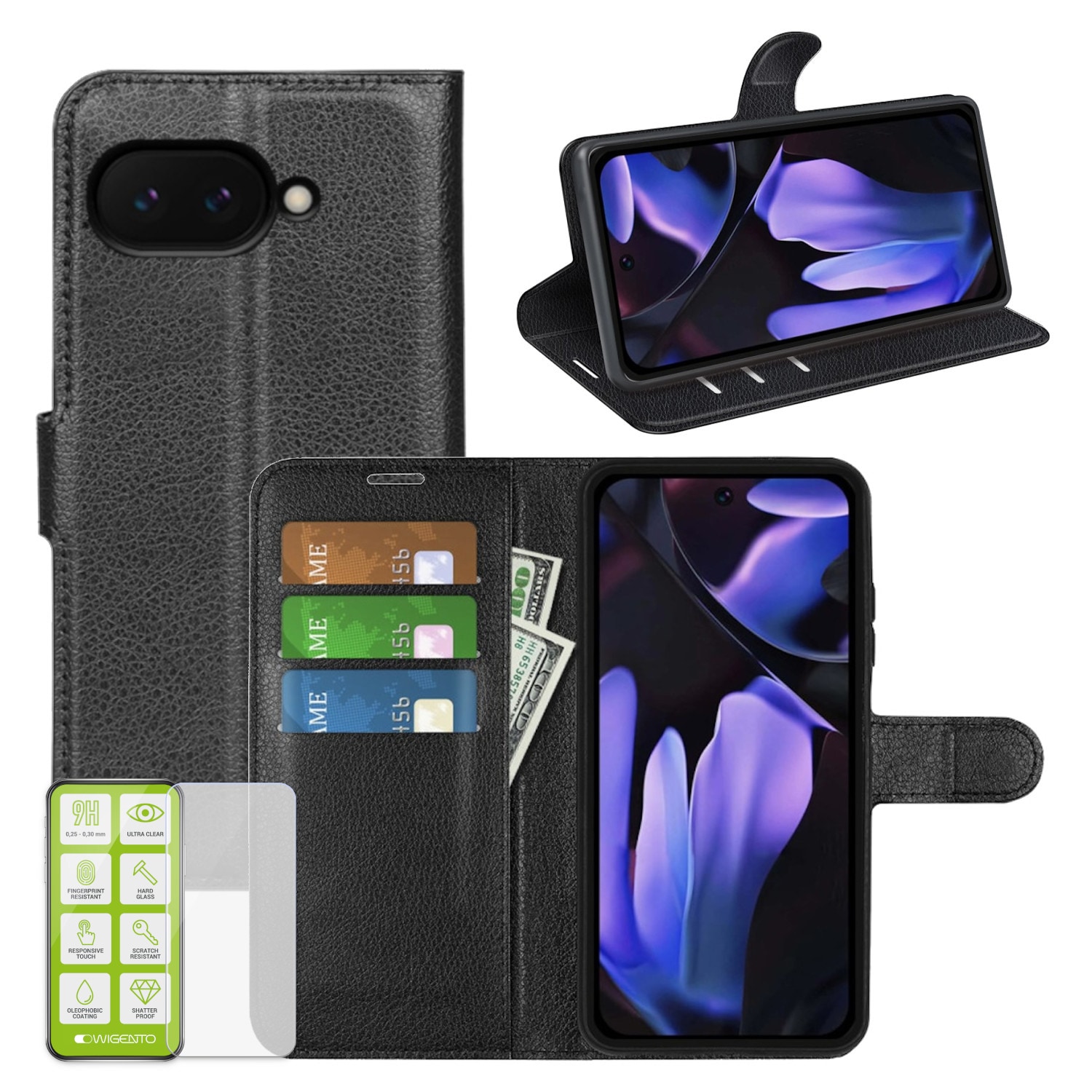 F&uuml;r Google Pixel 9a Kunstleder Book Wallet Tasche H&uuml;lle + H9 Hart Glas 