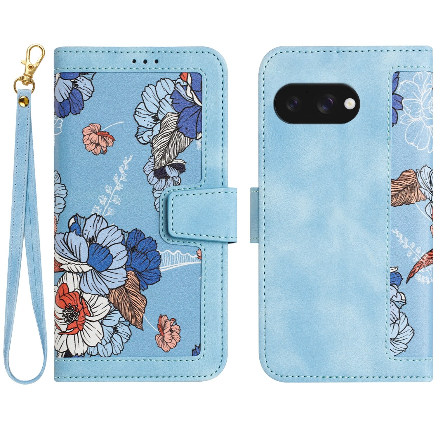 F&uuml;r Google Pixel 9a Kunstleder Wallet Blumen Tasche H&uuml;lle Hellblau 