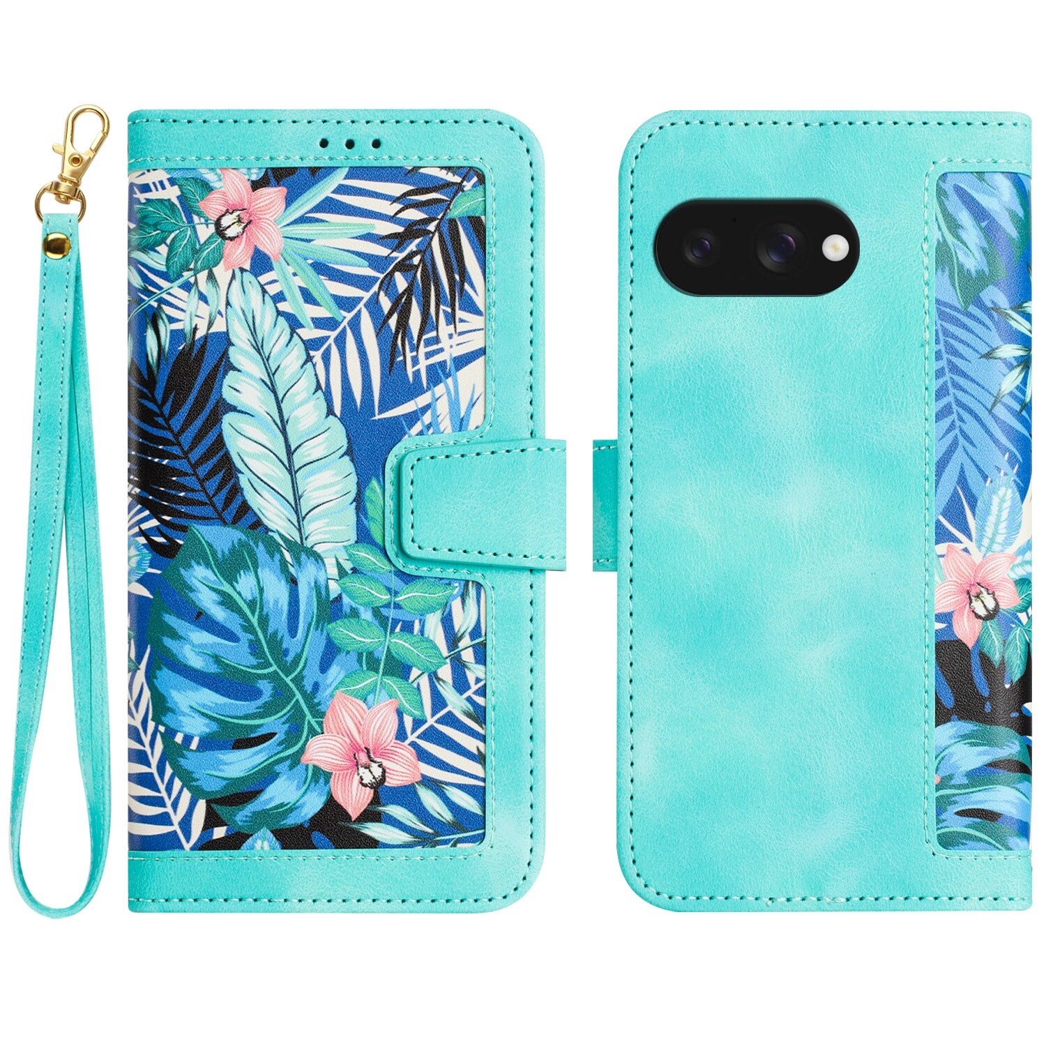 F&uuml;r Google Pixel 9a Kunstleder Book Wallet Blumen Tasche H&uuml;lle Gr&uuml;n 