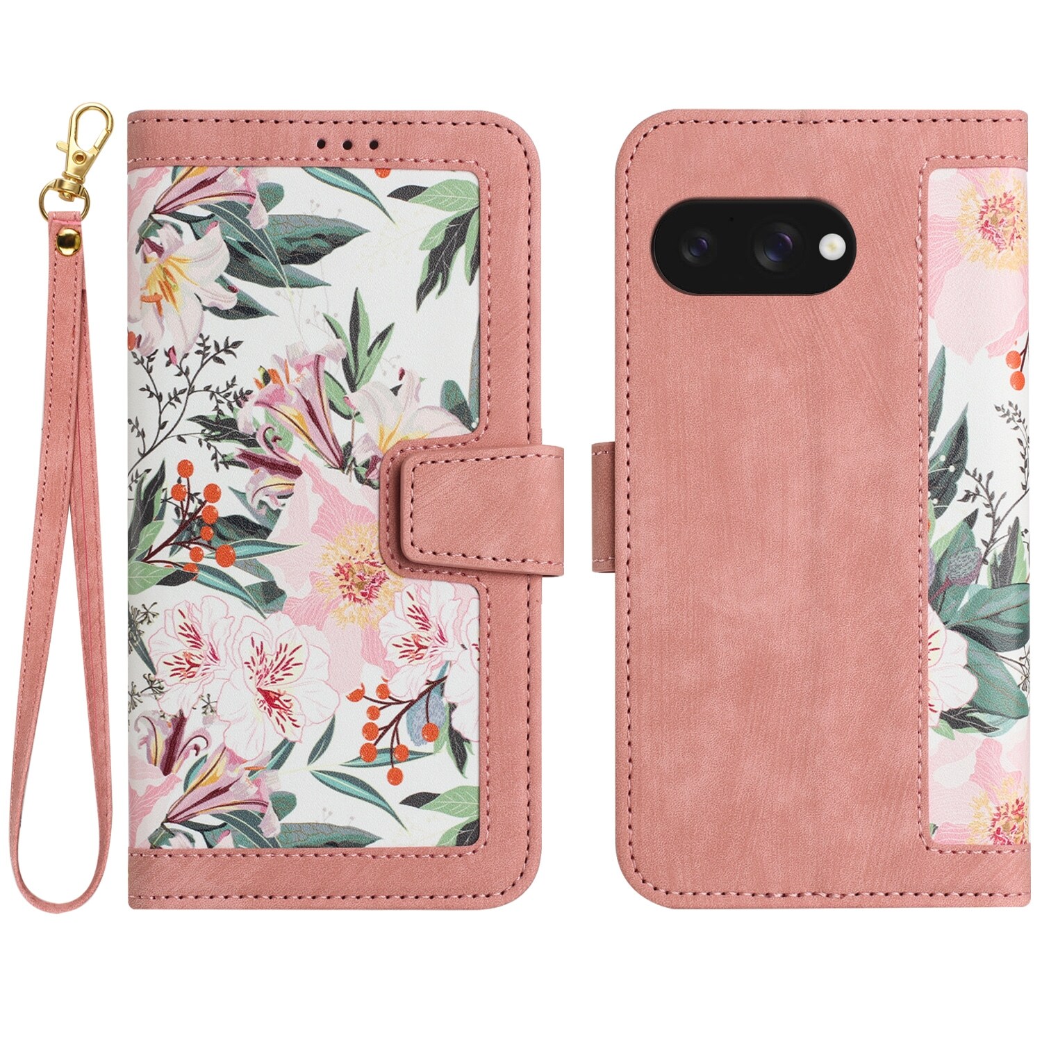 F&uuml;r Google Pixel 9a Kunstleder Book Wallet Blumen Tasche H&uuml;lle Rosa 