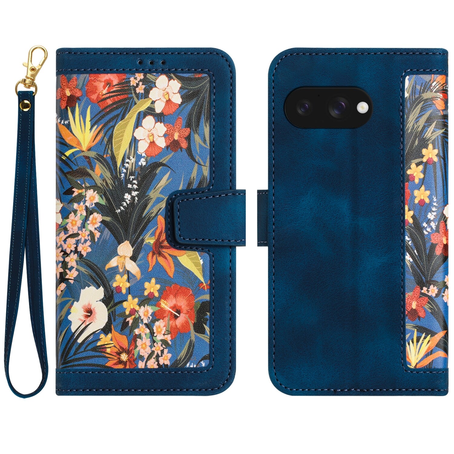 F&uuml;r Google Pixel 9a Kunstleder Book Wallet Blumen Tasche H&uuml;lle D- Blau 