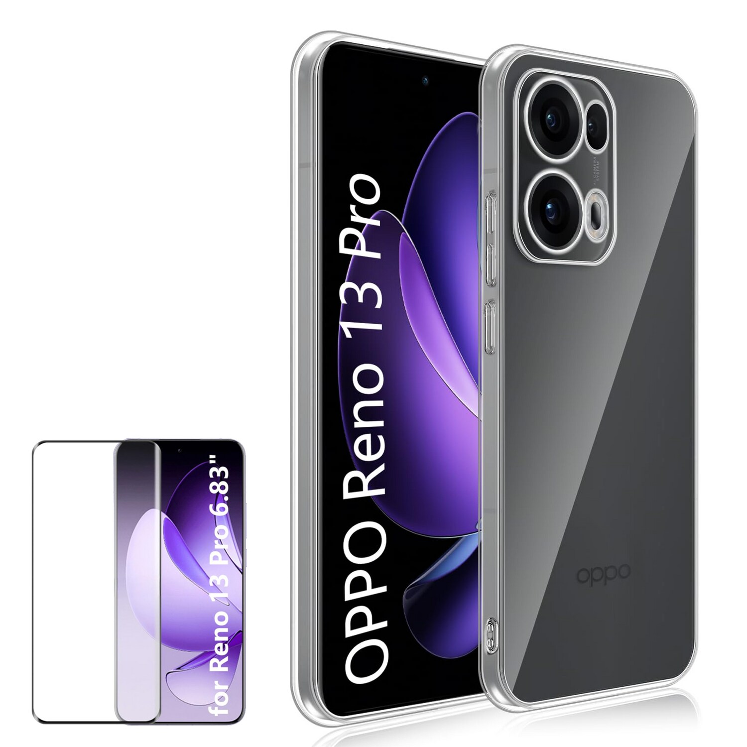 F&uuml;r Oppo Reno 13 Pro 5G TPU Silikon H&uuml;lle Transparent + Curved Glas 