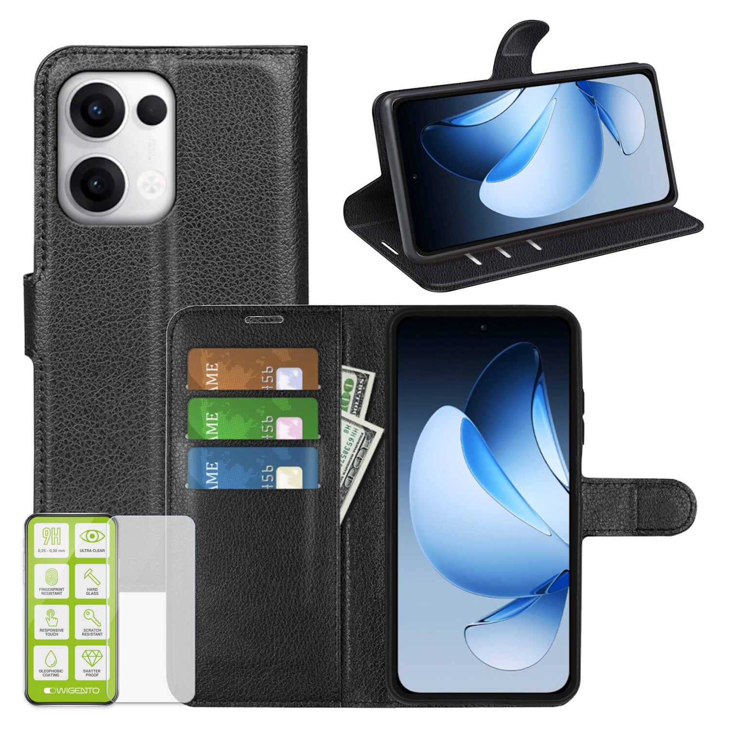 F&uuml;r Oppo Reno 13 5G Kunstleder Book Wallet Tasche H&uuml;lle + H9 Hart Glas 