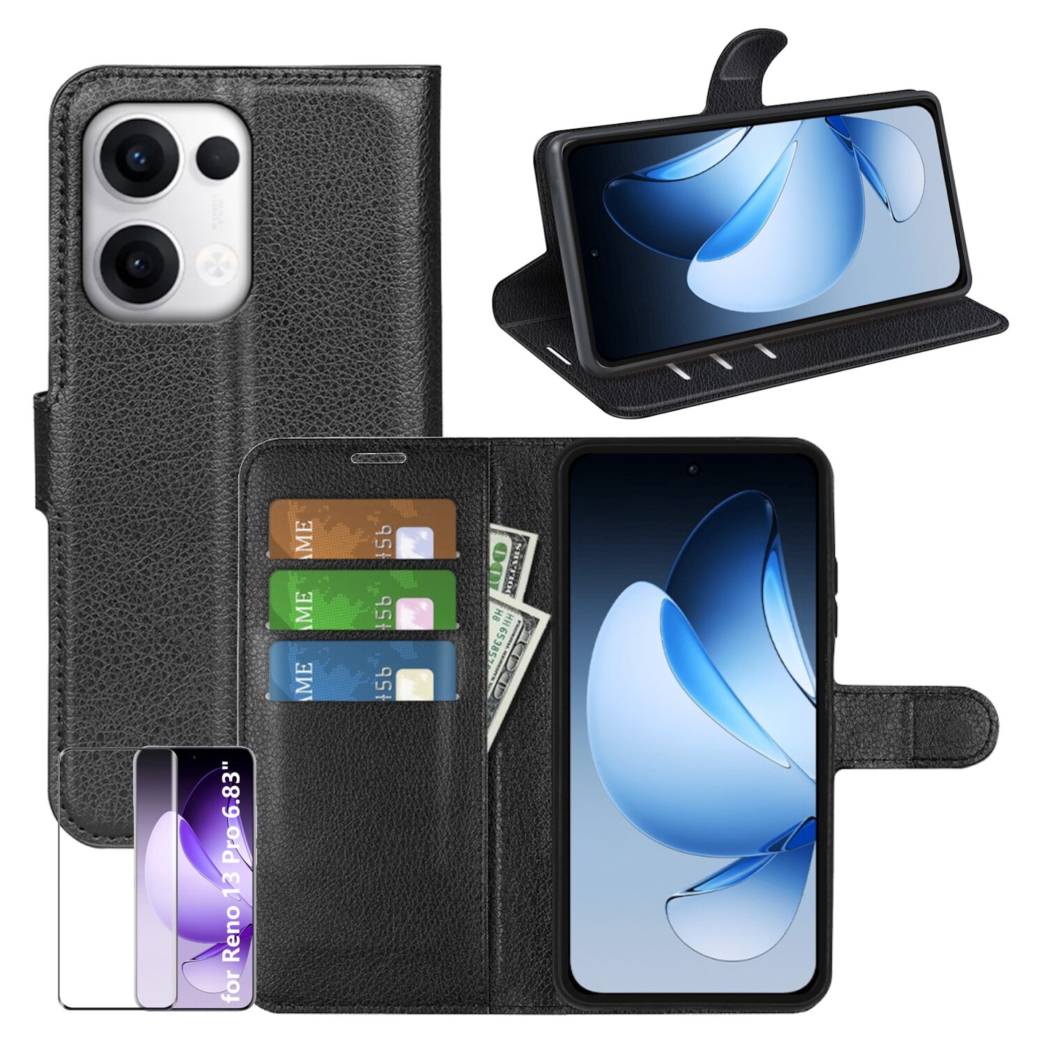 F&uuml;r Oppo Reno 13 Pro 5G Kunstleder Book Wallet Tasche + 4D Curved Glas 