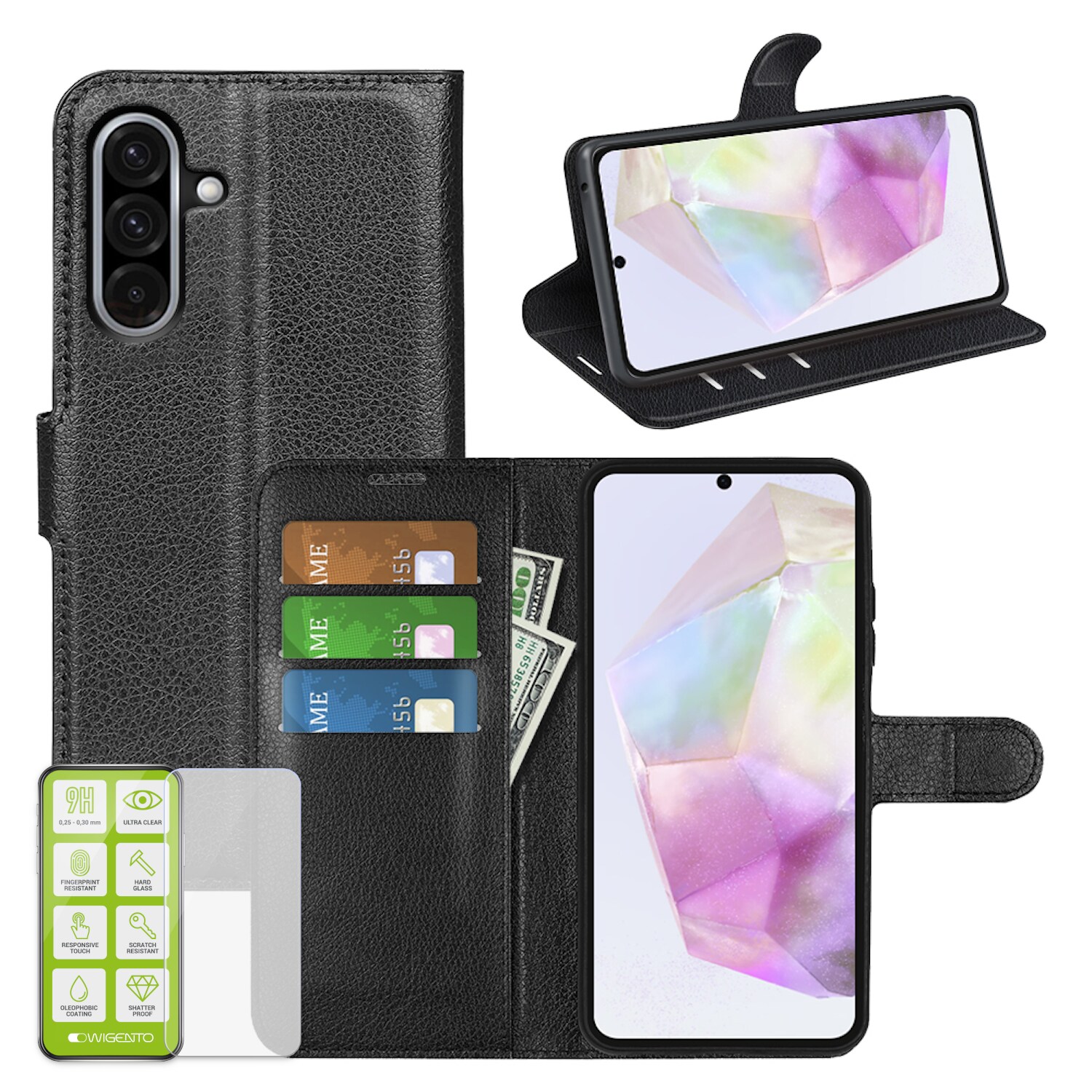 F&uuml;r Samsung Galaxy A56 / A36 Kunstleder Wallet Tasche H&uuml;lle + H9 Glas 
