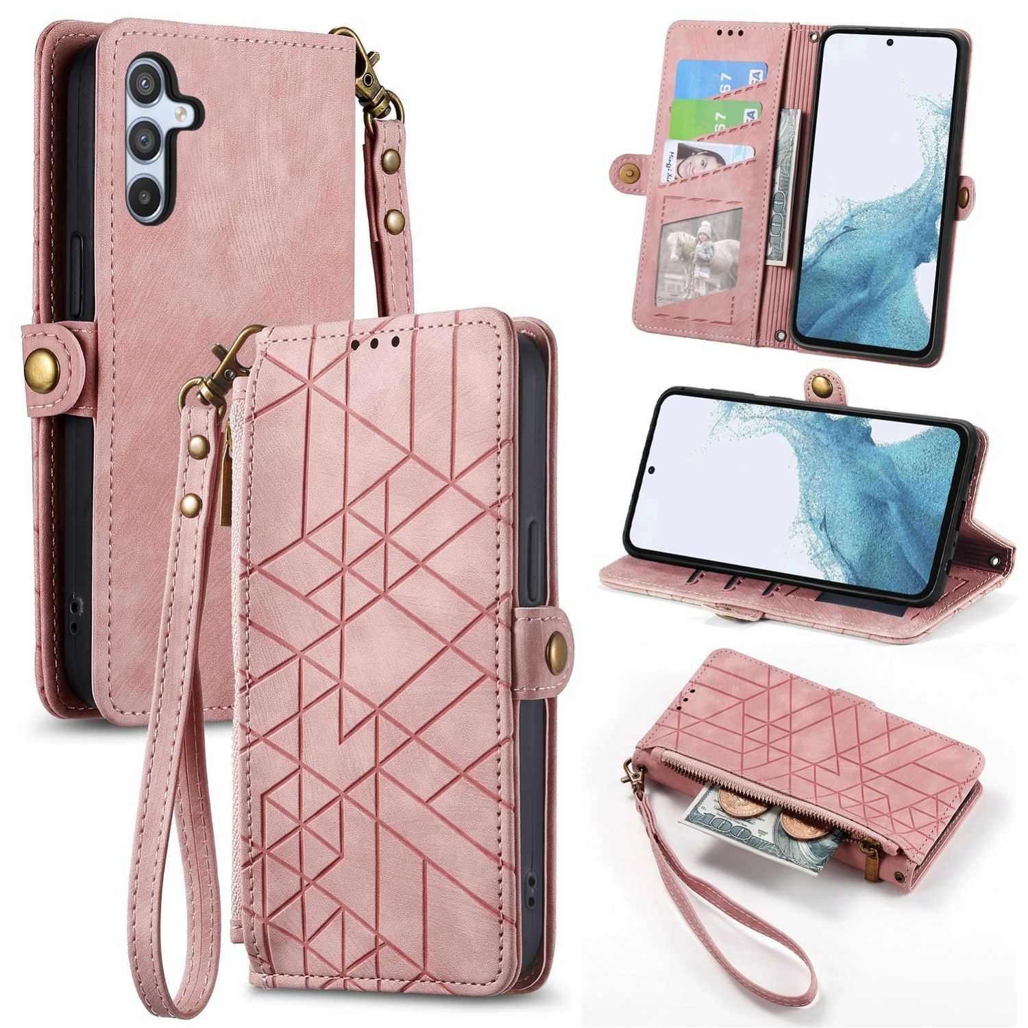 F&uuml;r Samsung Galaxy A56 / A36 Kunstleder Zipper Book Wallet Tasche Rosa 