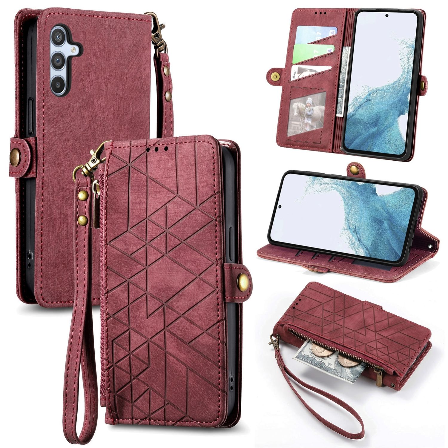 F&uuml;r Samsung Galaxy A56 / A36 Kunstleder Zipper Book Wallet Tasche Rot 