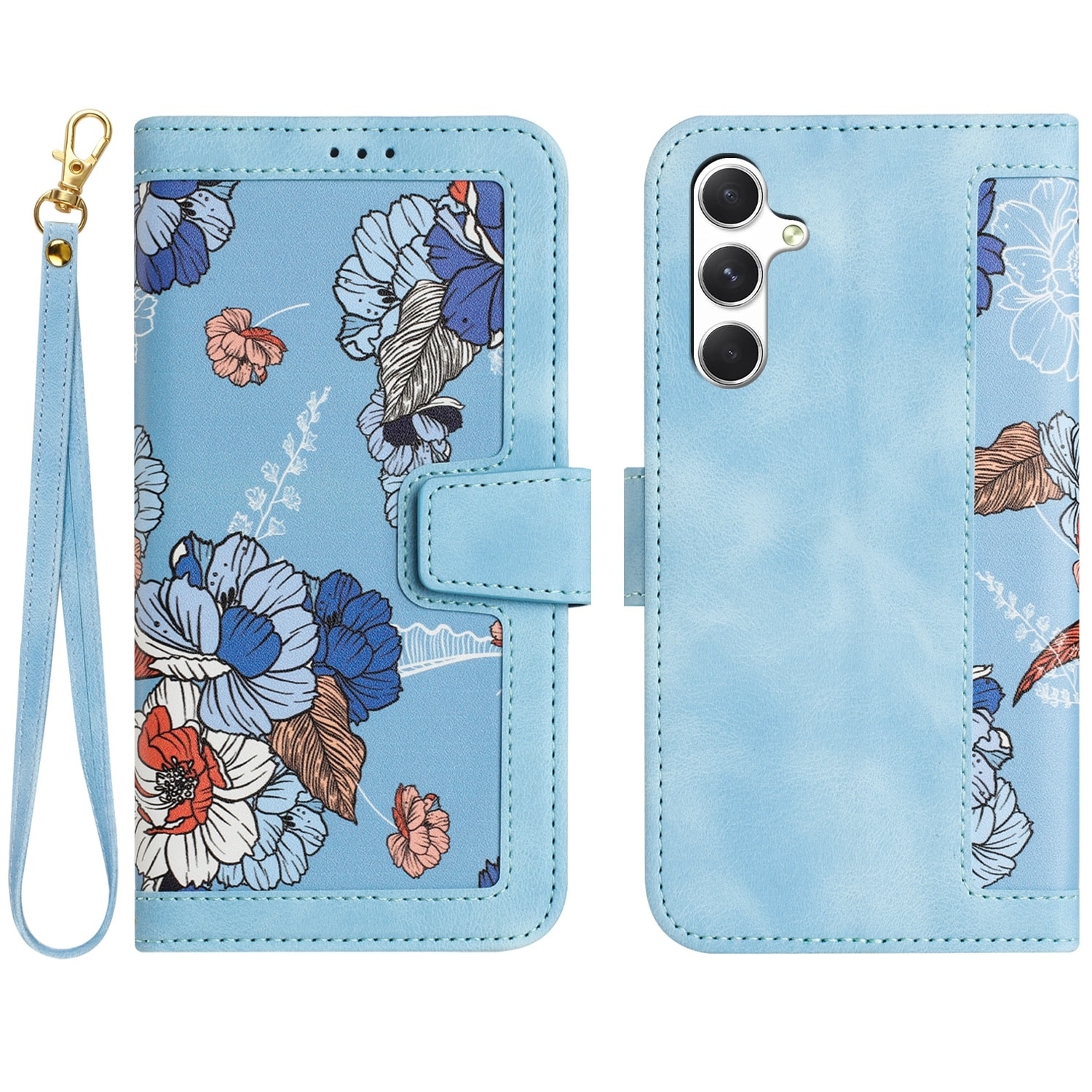 F&uuml;r Samsung Galaxy A56 / A36 Kunstleder Wallet Blumen Tasche Hellblau 