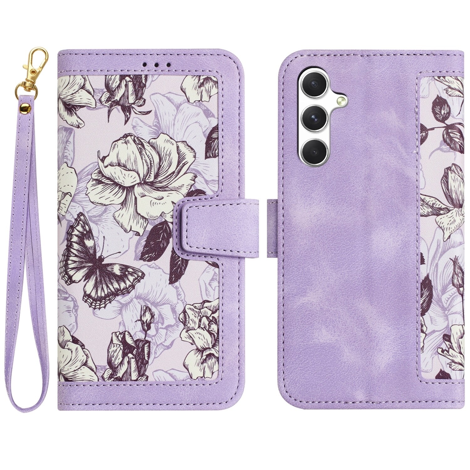 F&uuml;r Samsung Galaxy A56 / A36 Kunstleder Wallet Blumen Tasche Case Lila 