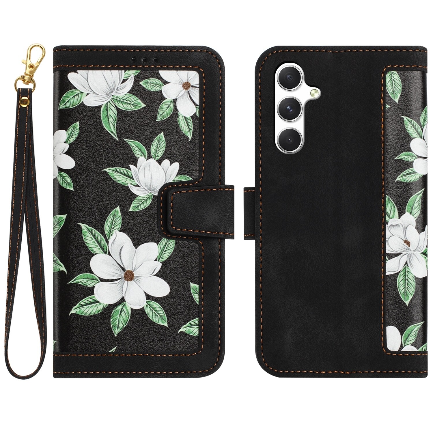 F&uuml;r Samsung Galaxy A56 / A36 Kunstleder Wallet Blumen Tasche Schwarz 