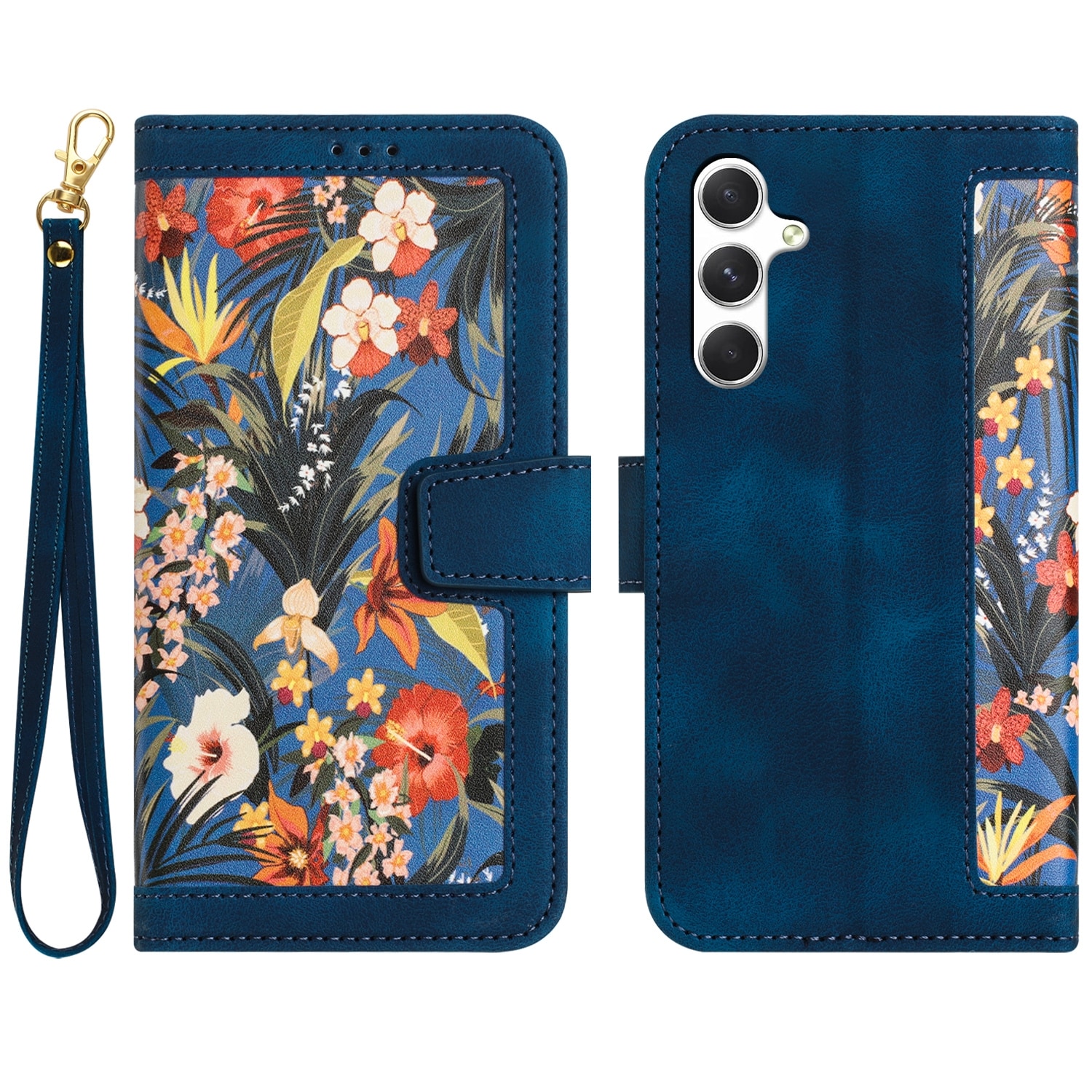 F&uuml;r Samsung Galaxy A56 / A36 Kunstleder Wallet Blumen Tasche D- Blau 