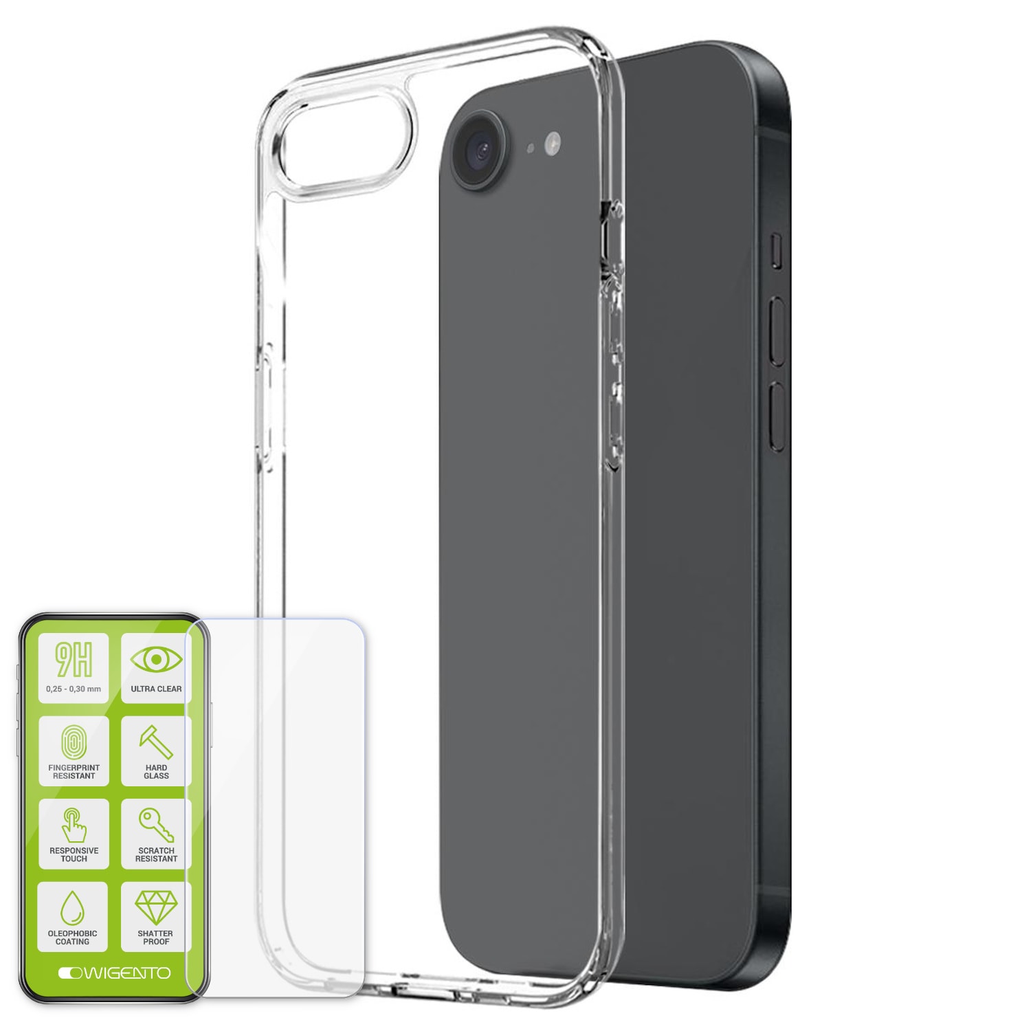 F&uuml;r Apple iPhone 16e Silikon TPU H&uuml;lle Transparent + 9H Hart Glas 