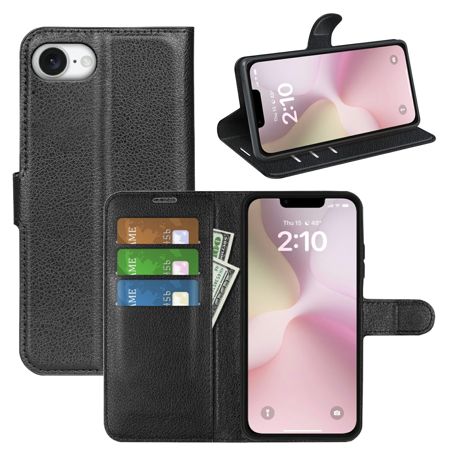 f&uuml;r Apple iPhone 17e / 16e Kunstleder Book Wallet Tasche Schwarz 
