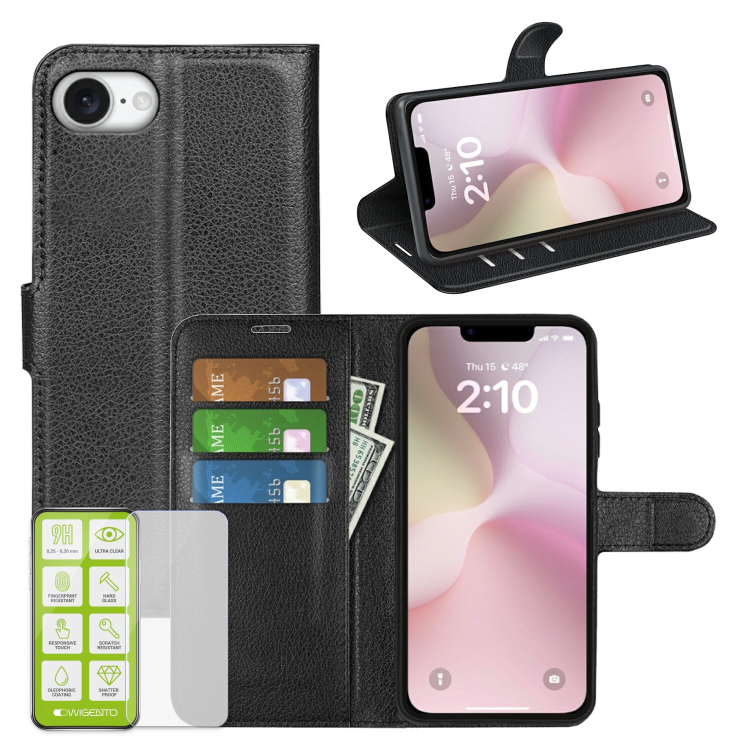 F&uuml;r Apple iPhone 16e Kunstleder Wallet Tasche H&uuml;lle + H9 Hart Glas 