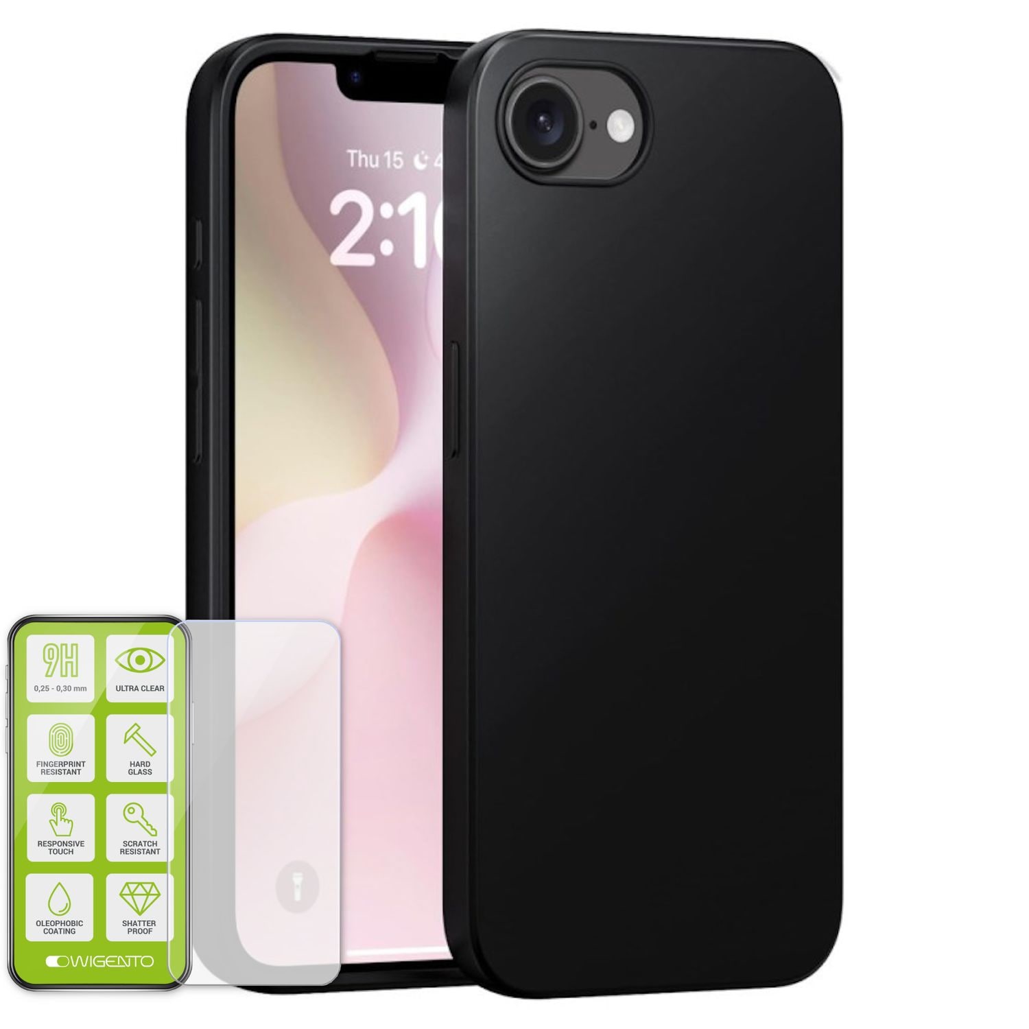 F&uuml;r Apple iPhone 16e Silikon TPU Schutz H&uuml;lle Schwarz + 9H Hart Glas 