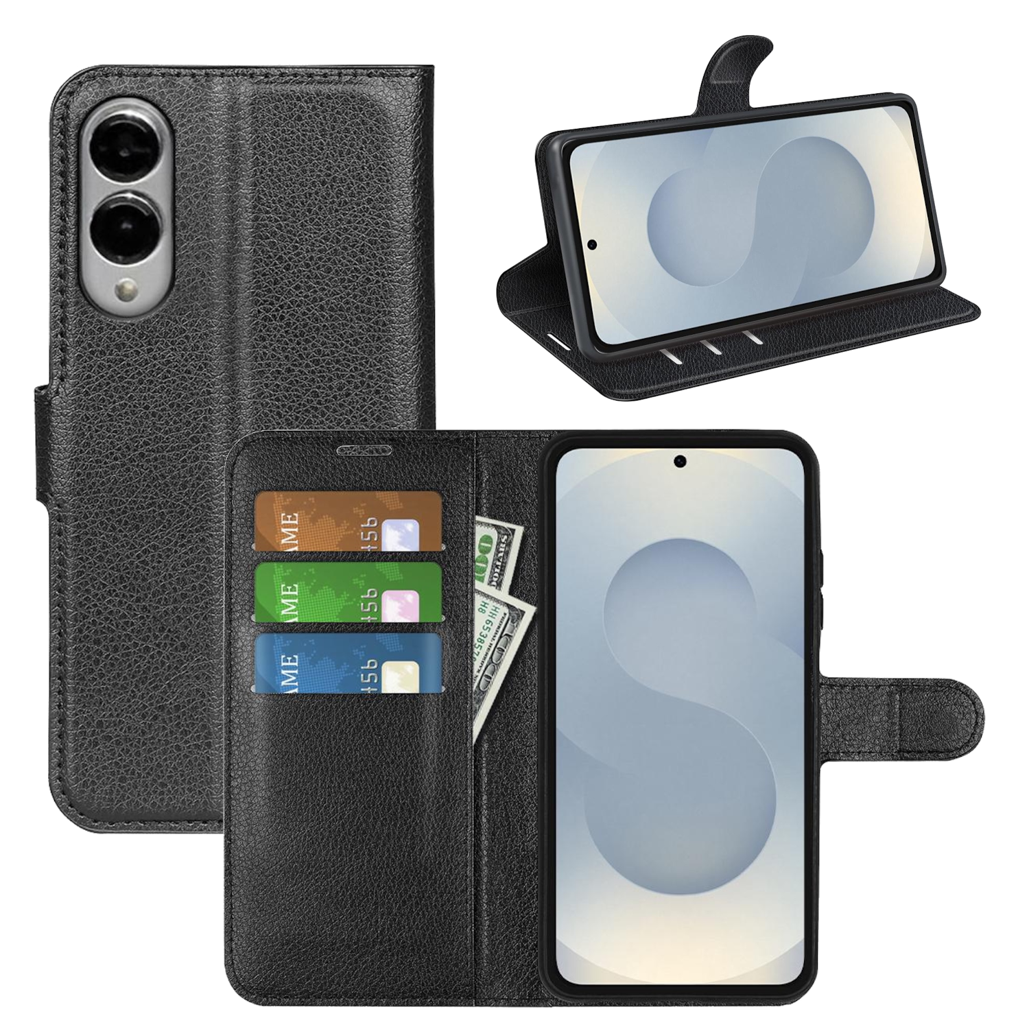 F&uuml;r Samsung Galaxy S25 Edge 5G Kunstleder Wallet Tasche H&uuml;lle Schwarz 