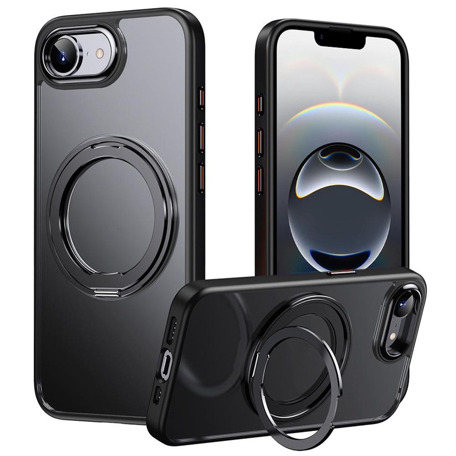 f&uuml;r Apple iPhone 17e / 16e Frosted 360 Ring MagSafe TPU + PC Schwarz 