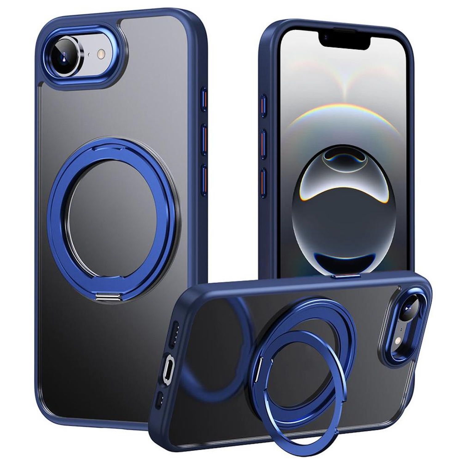 F&uuml;r Apple iPhone 16e Frosted 360 Ring MagSafe TPU + PC H&uuml;lle Case Blau 