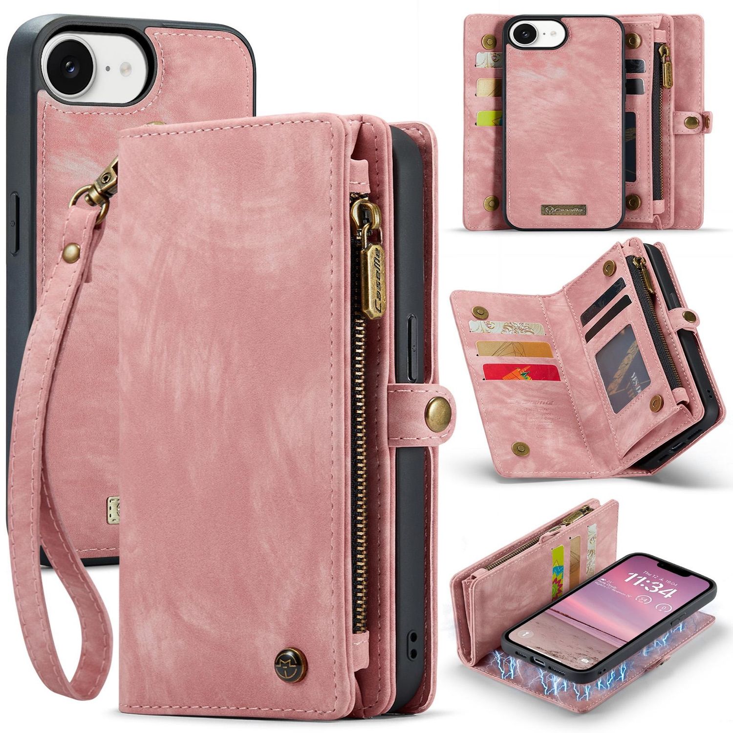 F&uuml;r Apple iPhone 16e Kunstleder Multifunktion Zipper Tasche H&uuml;lle Pink 