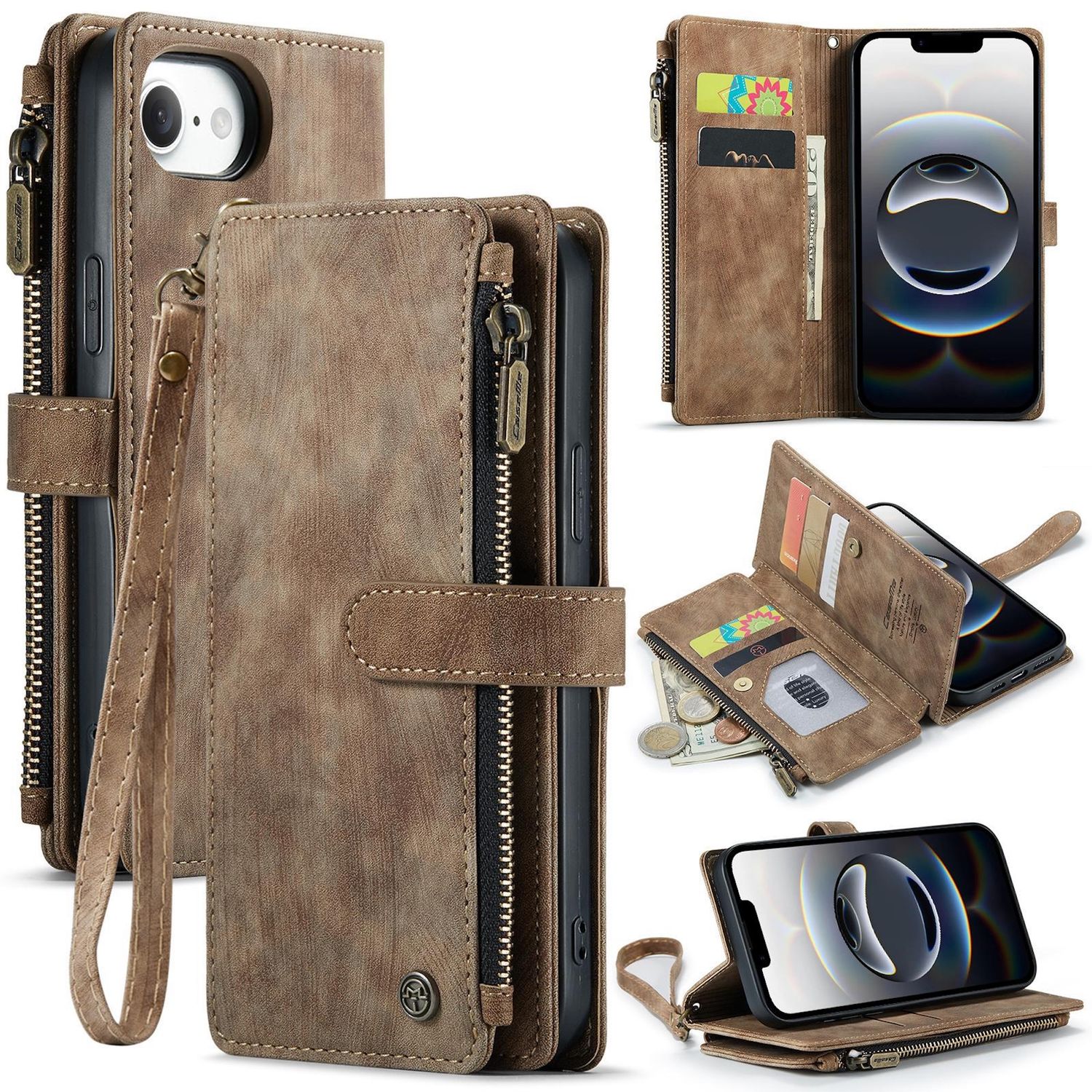 F&uuml;r Apple iPhone 16e Kunstleder Multifunktion Wallet Tasche Case Braun 