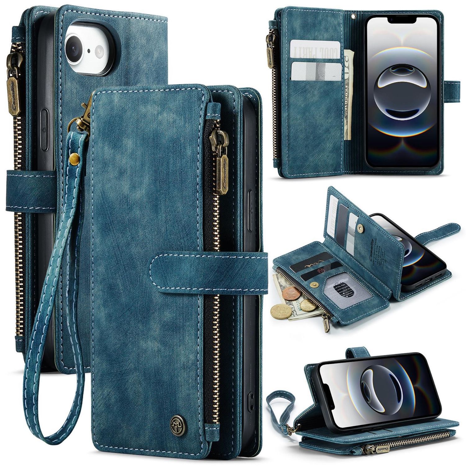 F&uuml;r Apple iPhone 16e Kunstleder Multifunktion Wallet Tasche Case Blau 