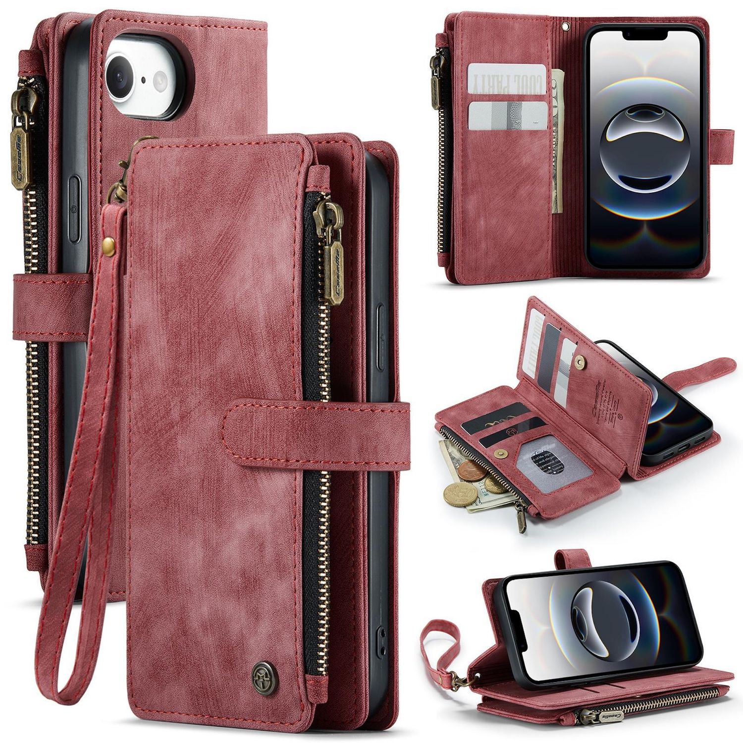 F&uuml;r Apple iPhone 16e Kunstleder Multifunktion Wallet Tasche Case Rot 