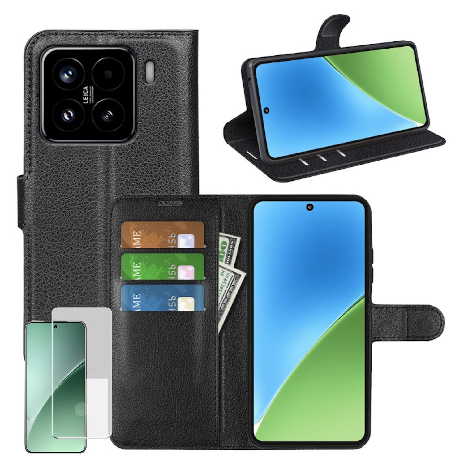 F&uuml;r Xiaomi 15 Pro Kunstleder Book Wallet Handy Tasche + 4D Curved Glas 