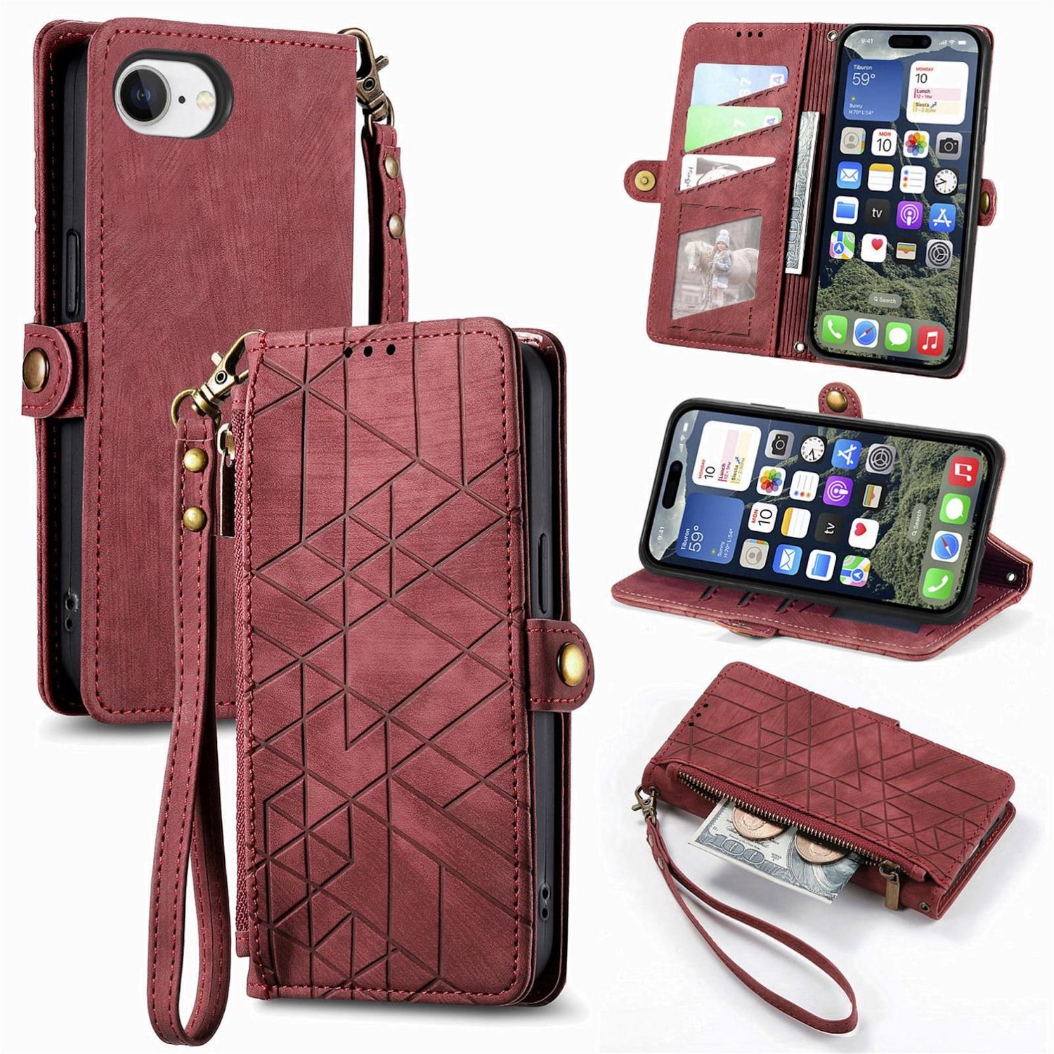 F&uuml;r Apple iPhone 16e Kunstleder Design Zipper Book Wallet Tasche Rot 