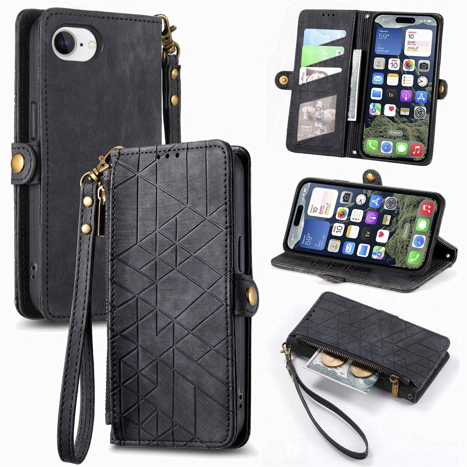 F&uuml;r Apple iPhone 16e Kunstleder Zipper Book Wallet Tasche Schwarz 