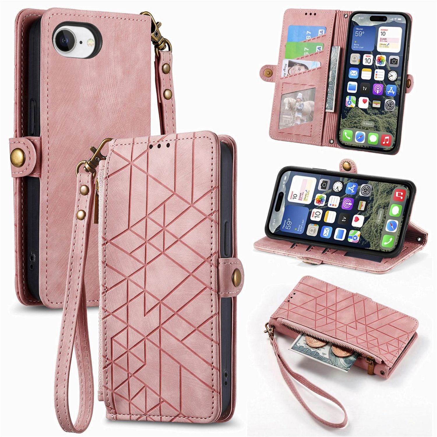 F&uuml;r Apple iPhone 16e Kunstleder Design Zipper Book Wallet Tasche Rosa 