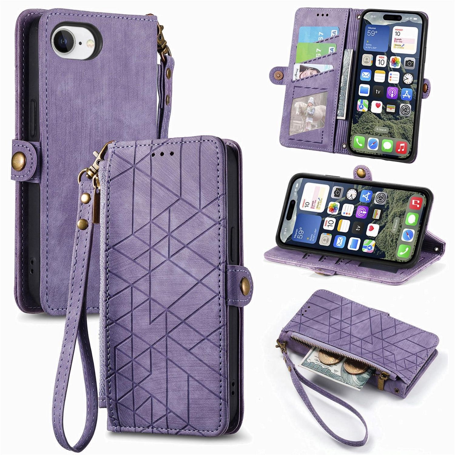 F&uuml;r Apple iPhone 16e Kunstleder Design Zipper Book Wallet Tasche Lila 
