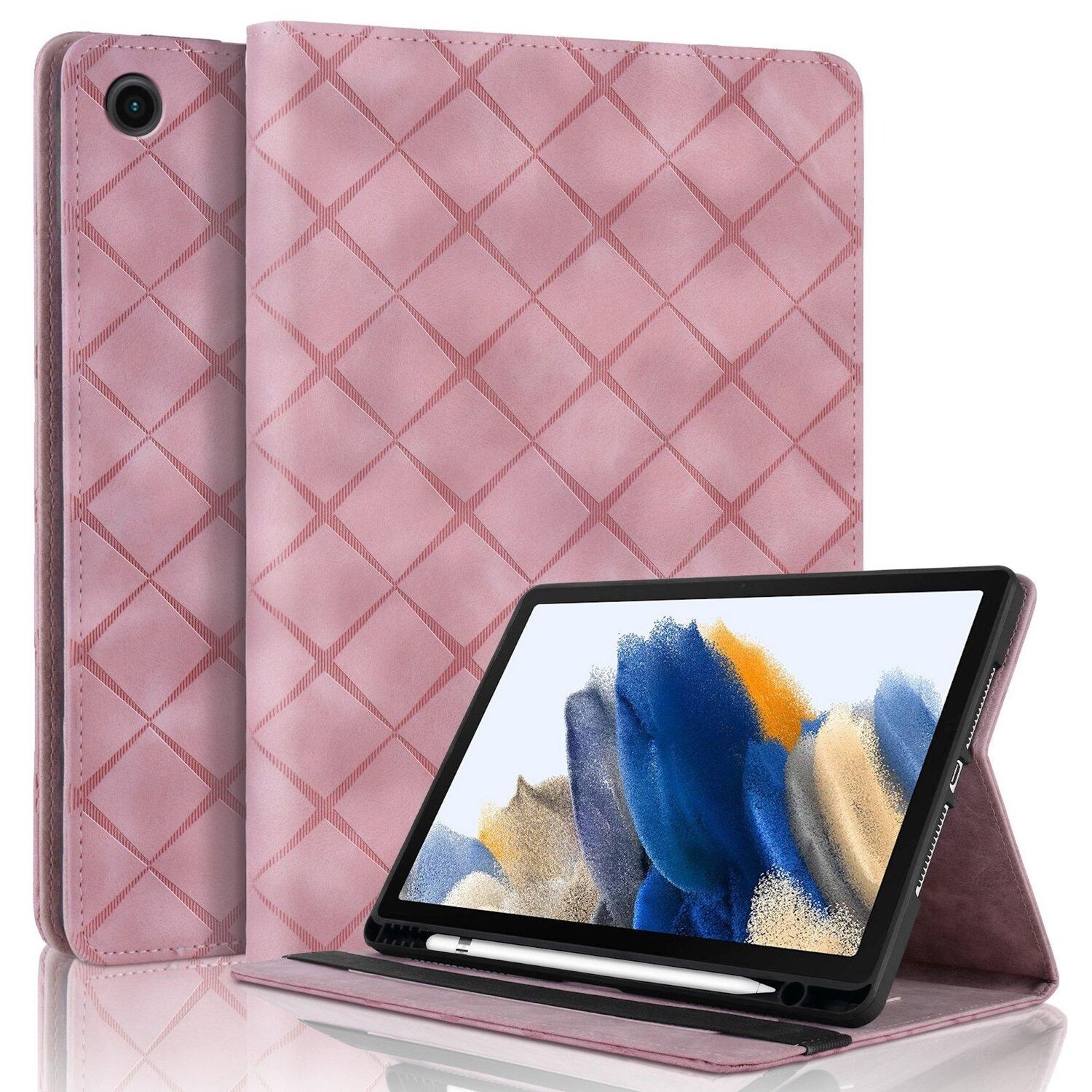 Für Samsung Galaxy Tab A9 Plus aufstellbare Rhombus Muster Kunstleder Hülle Tasche Rosa