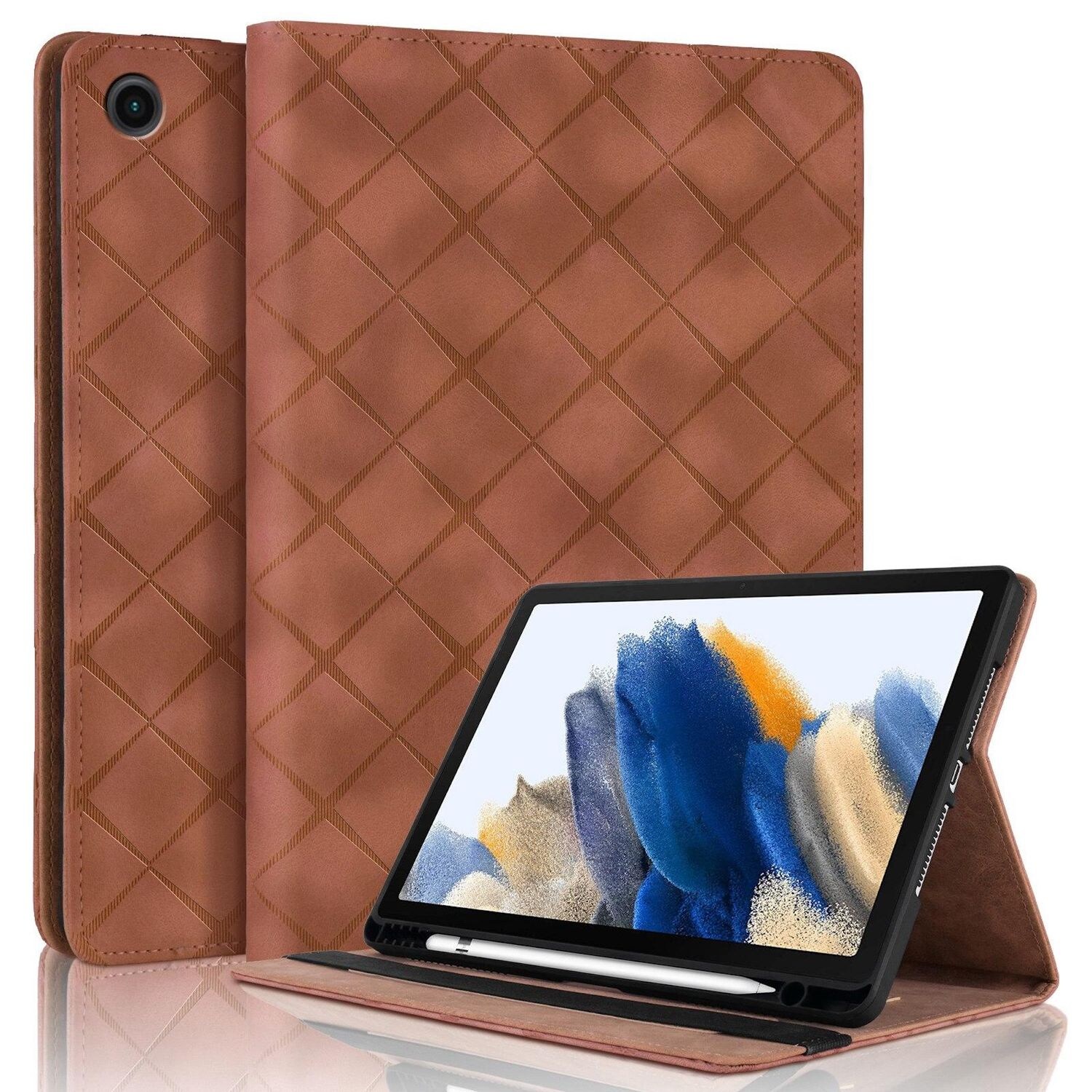 Für Samsung Galaxy Tab A9 Plus aufstellbare Rhombus Muster Kunstleder Hülle Tasche Braun