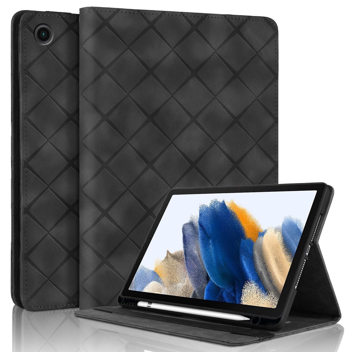 F&uuml;r Samsung Galaxy Tab A9 Plus Rhombus Kunstleder Tasche Schwarz 