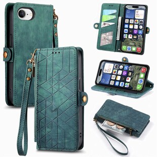 Für Apple iPhone 16e Kunstleder Design Zipper Book Wallet Tasche Grün 