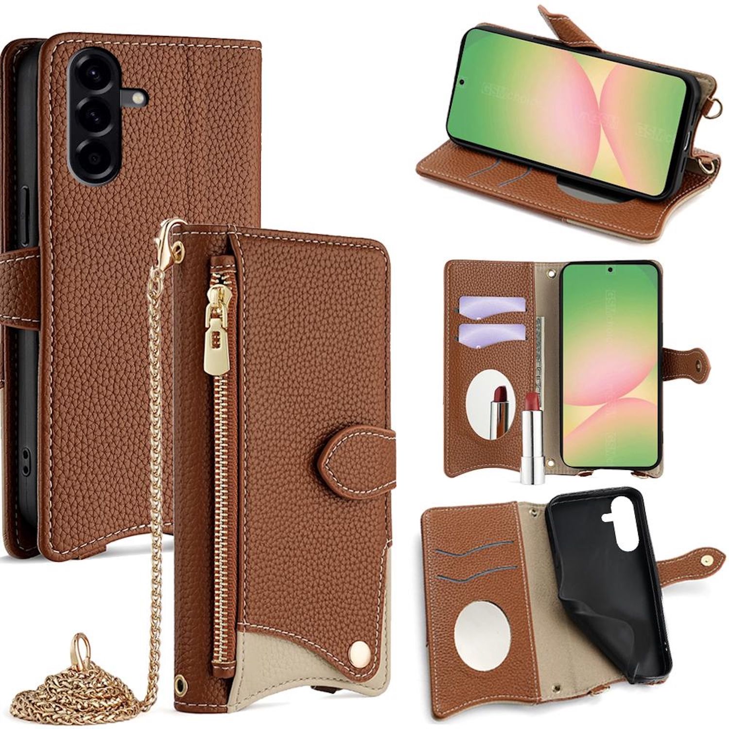 F&uuml;r Samsung Galaxy A56 Design Crossbody Kette Kunstleder Tasche Braun 