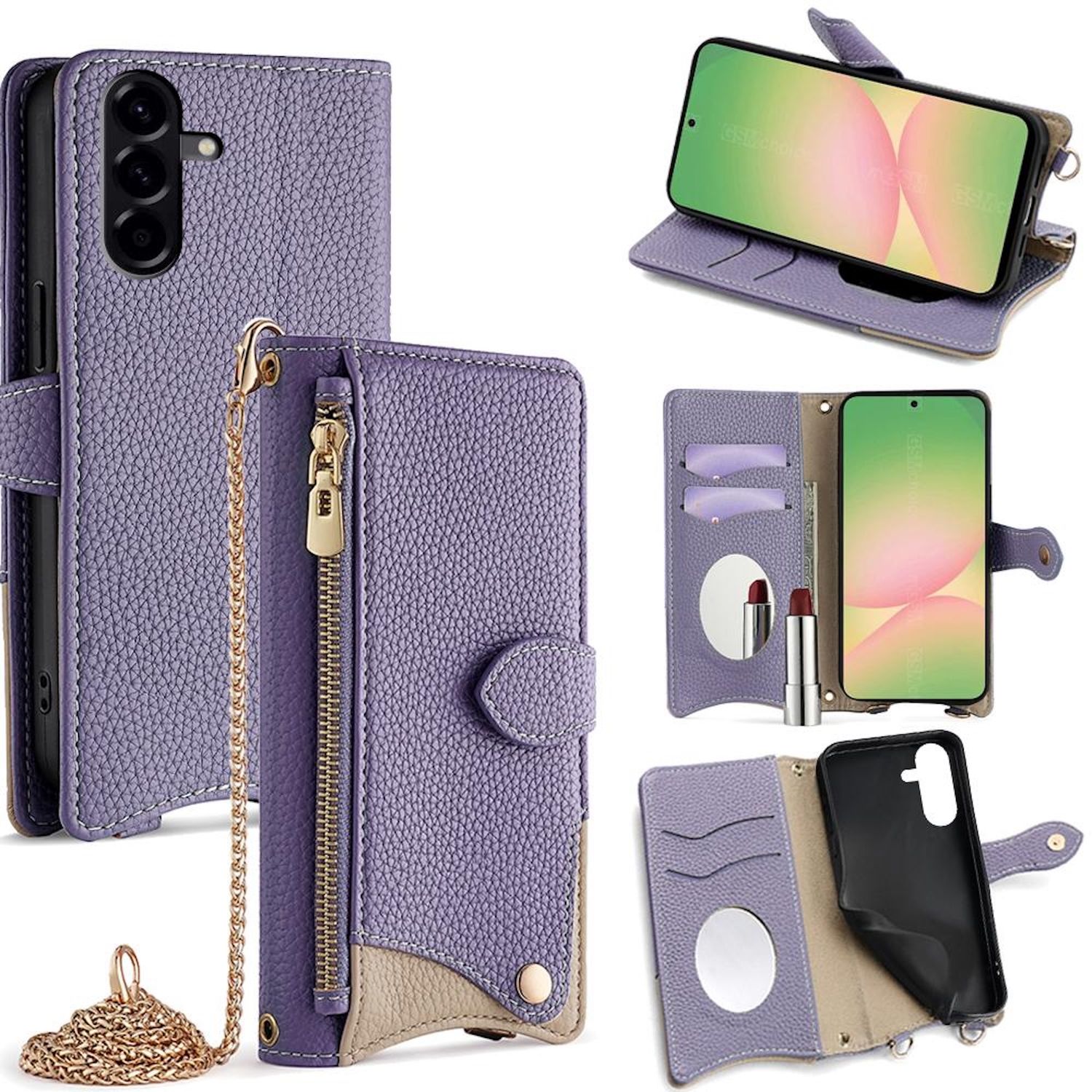 F&uuml;r Samsung Galaxy A56 Design Crossbody Kette Kunstleder Tasche Lila 
