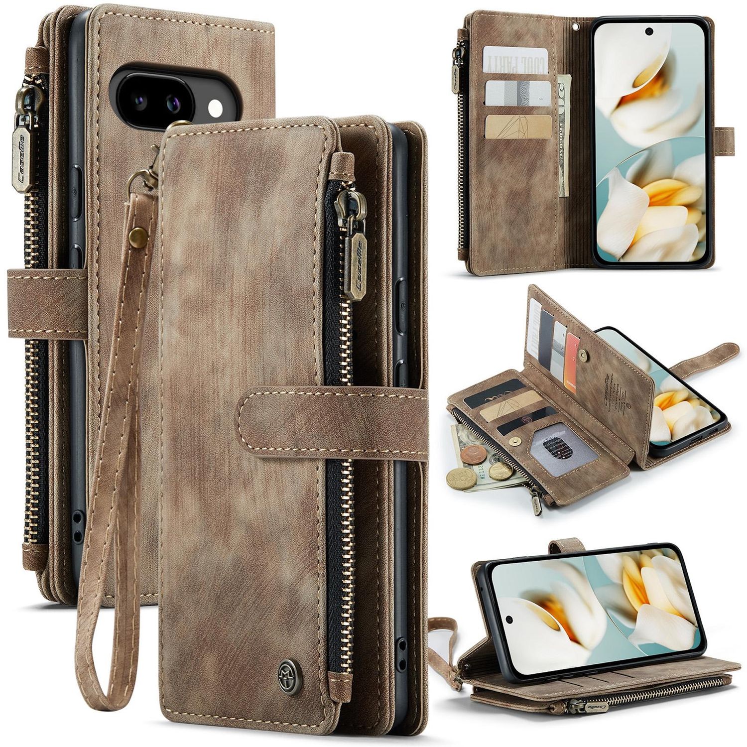 F&uuml;r Google Pixel 9a Kunstleder Multifunktion C30 Wallet Tasche Braun 