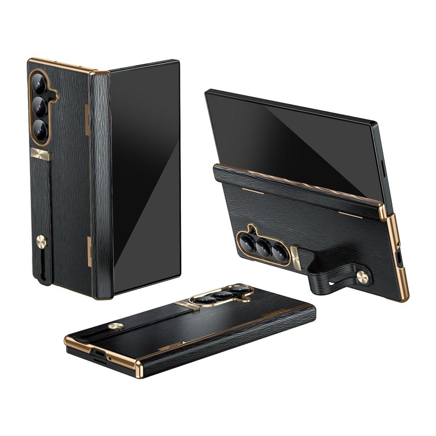 F&uuml;r Samsung Galaxy Z Fold7 Design Leder H&uuml;lle mit Handriemen Schwarz 
