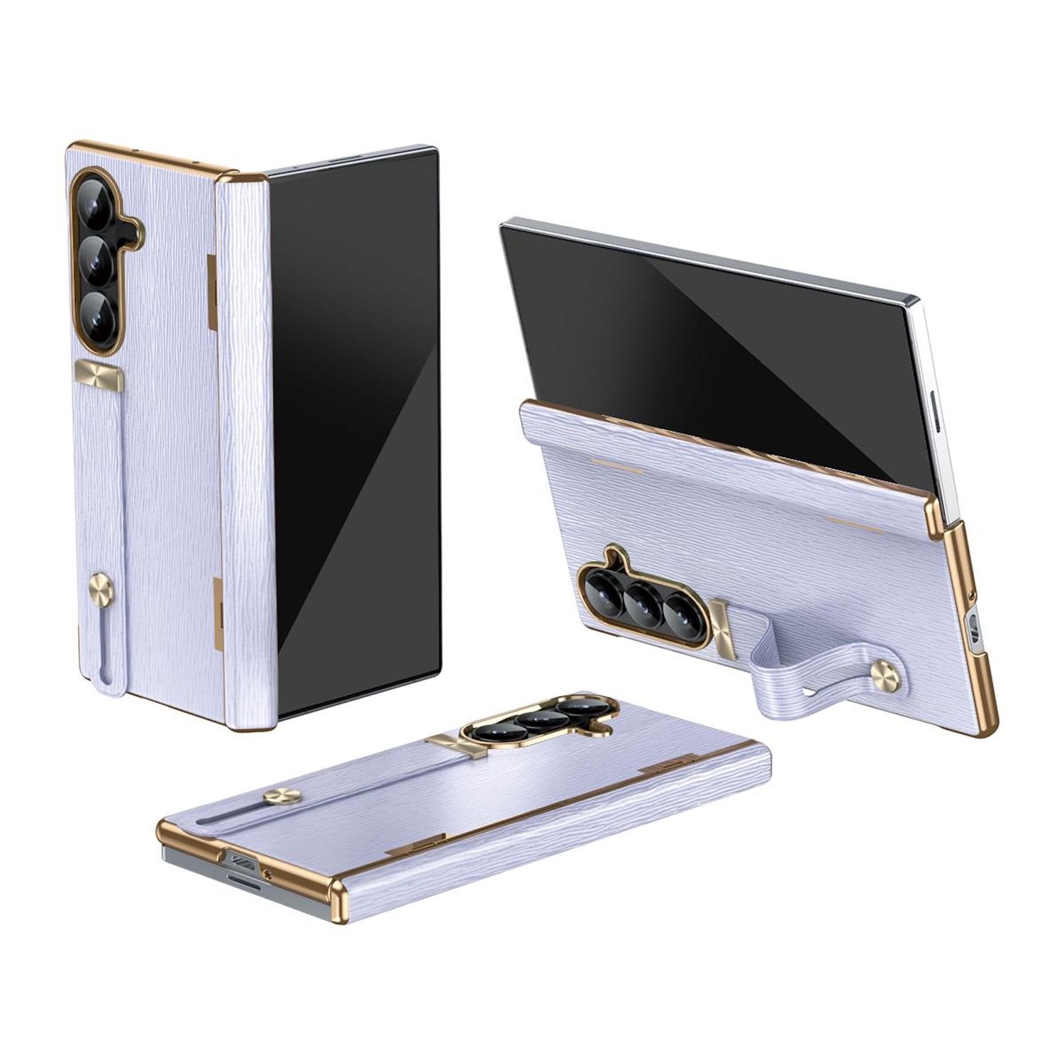 F&uuml;r Samsung Galaxy Z Fold7 Design Leder H&uuml;lle mit Handriemen Lila 