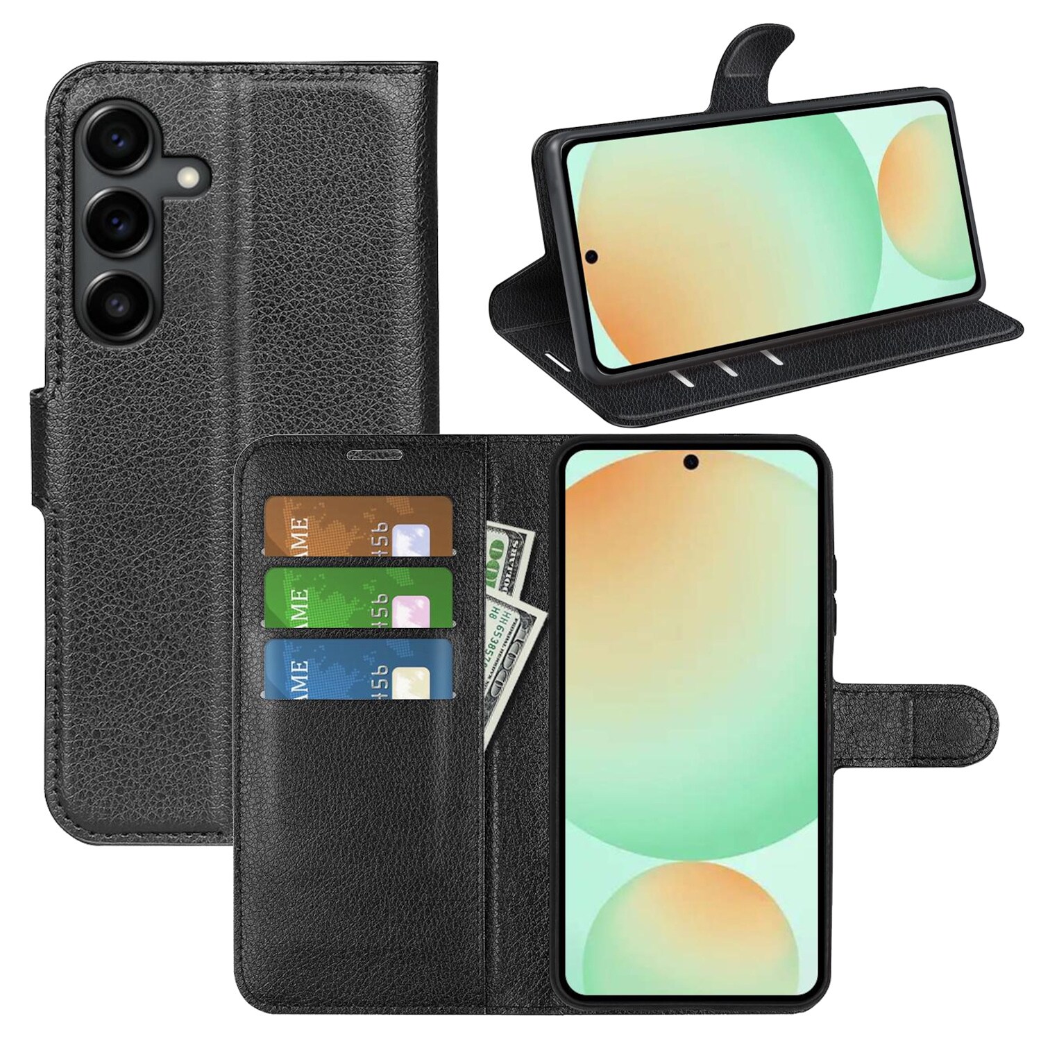 Kunstleder Book Wallet f&uuml;r Samsung Galaxy S25 FE H&uuml;lle Schwarz 