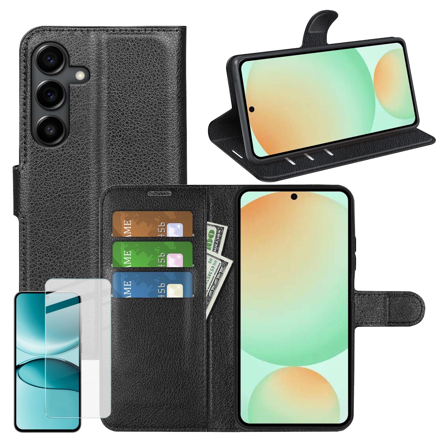 F&uuml;r Samsung Galaxy S25 FE Kunstleder Book H&uuml;lle Schwarz + 9H Hart Glas 