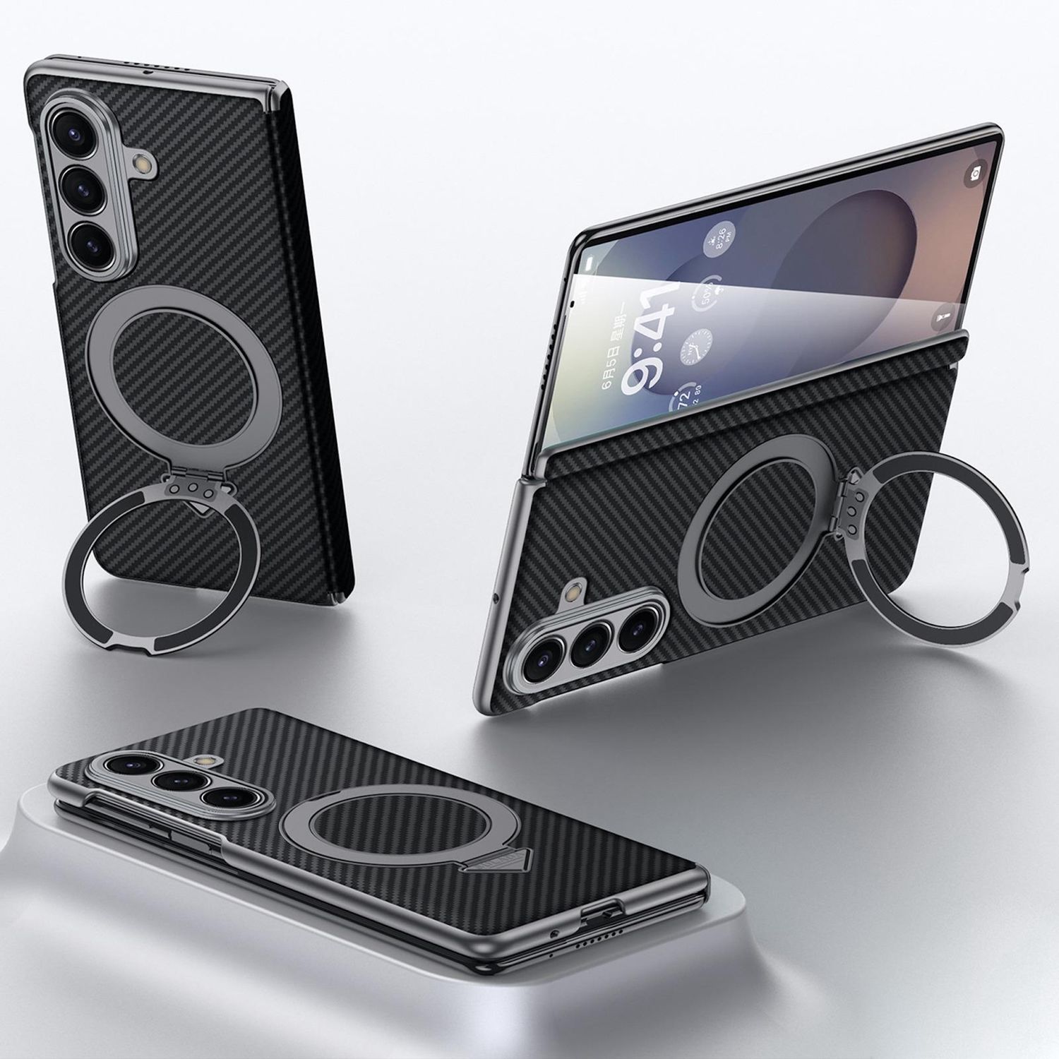F&uuml;r Samsung Galaxy Z Fold7 Kevlar Textur MagSafe Ring H&uuml;lle Schwarz 
