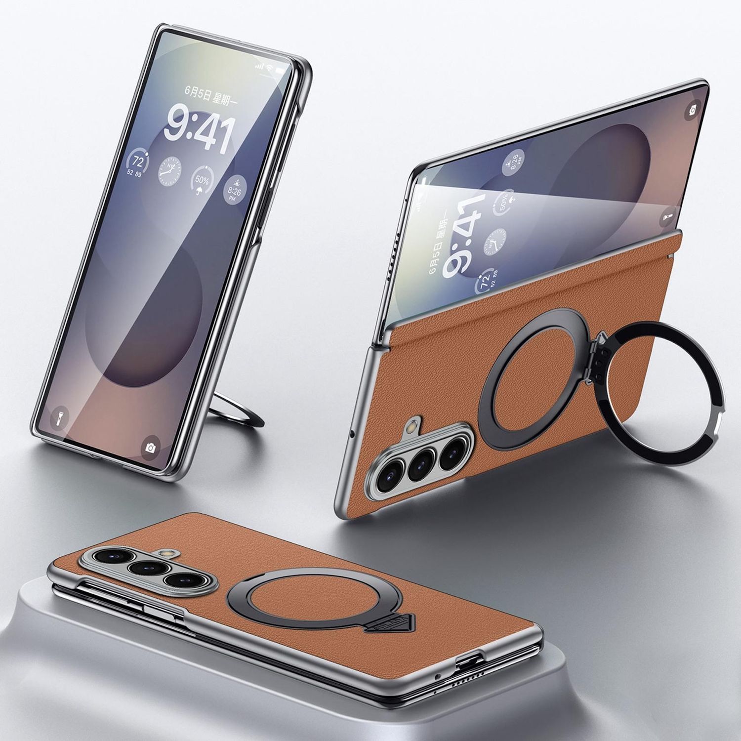 F&uuml;r Samsung Galaxy Z Fold7 5G Leder MagSafe Ring Halter H&uuml;lle Braun 