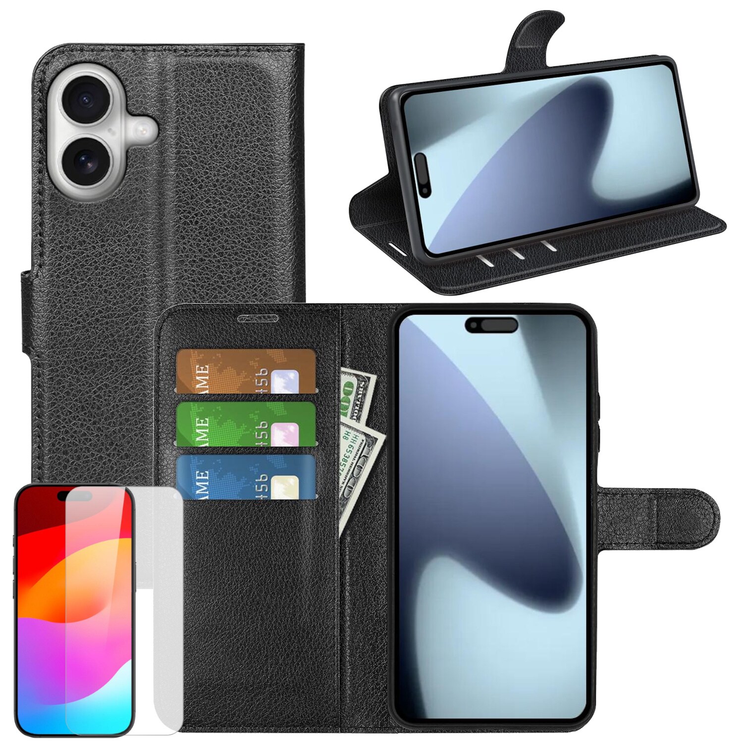 F&uuml;r Apple iPhone 17 Kunstleder Wallet H&uuml;lle Schwarz + 9H Hart Glas 