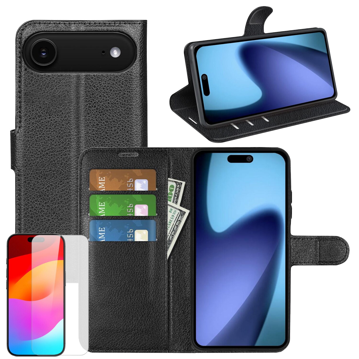 F&uuml;r Apple iPhone 17 Air Kunstleder Wallet H&uuml;lle Schwarz + 9H Hart Glas 