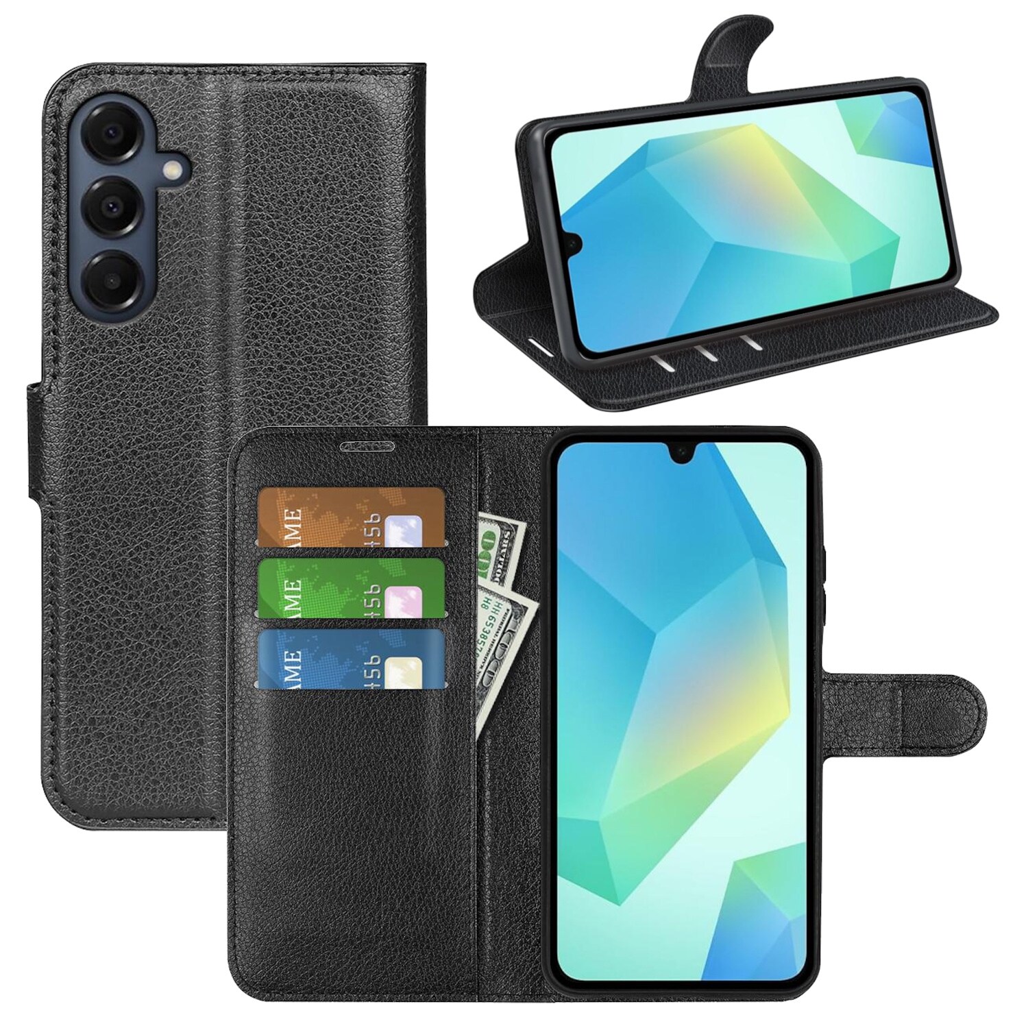 F&uuml;r Samsung Galaxy A17 5G / 4G Kunstleder Book Wallet H&uuml;lle Schwarz 